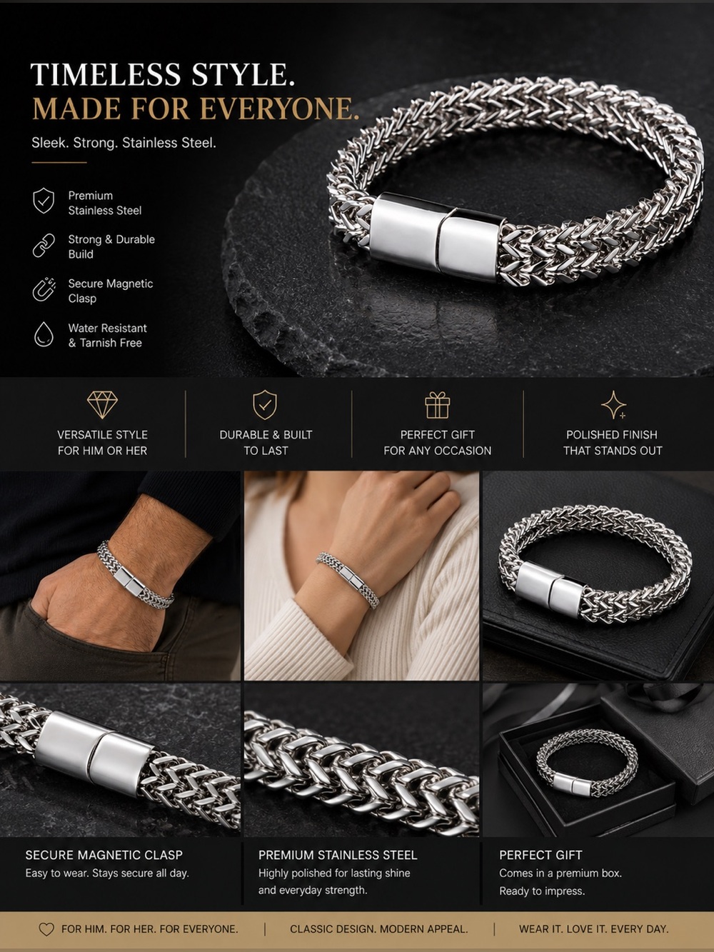 Stainless Steel Magnetic Clasp Bracelet - Silver - Picture 5 of 7